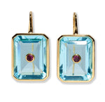 Lizzie Fortunato Tile Earrings are rectangular gold-plated brass earrings with large aqua blue glass stones and small round pink center stones.