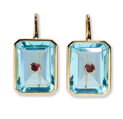 Lizzie Fortunato Tile Earrings are rectangular gold-plated brass earrings with large aqua blue glass stones and small round pink center stones.