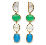 The Cala Drop Earrings by Lizzie Fortunato showcase statement gold-plated brass frames adorned with a half-moon moonstone, green oval stone, faceted white oval stone, and blue rectangular stone.
