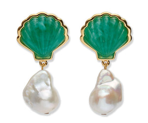 The Marina Drop Earrings by Lizzie Fortunato feature green carved glass shells with gold trim and dangling irregular freshwater pearl drops—perfect for summer.