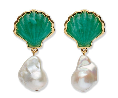 The Marina Drop Earrings by Lizzie Fortunato feature green carved glass shells with gold trim and dangling irregular freshwater pearl drops—perfect for summer.