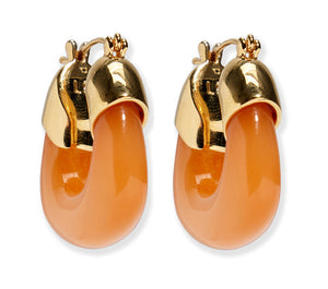 The Organic Mini Gold Hoops by Lizzie Fortunato feature a glossy gold and orange finish with a thick, rounded design—perfect for adding a colorful touch to your jewelry collection.