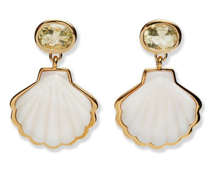 The Luna Shell Earrings by Lizzie Fortunato are gold-plated brass earrings with round lemon quartz stones above mother-of-pearl shell-shaped pendants.