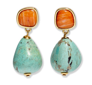 The Citrus Splash Earrings by Lizzie Fortunato feature square orange spiny oyster shell stones set above large, teardrop-shaped turquoise drops with gold-plated brass accents.