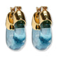 A pair of Lizzie Fortunato Organic Mini Gold Hoops featuring gold-toned clasps and translucent blue teardrop pendants.