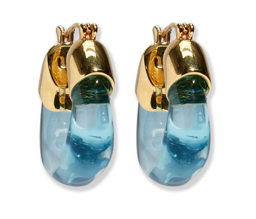 A pair of Lizzie Fortunato Organic Mini Gold Hoops featuring gold-toned clasps and translucent blue teardrop pendants.