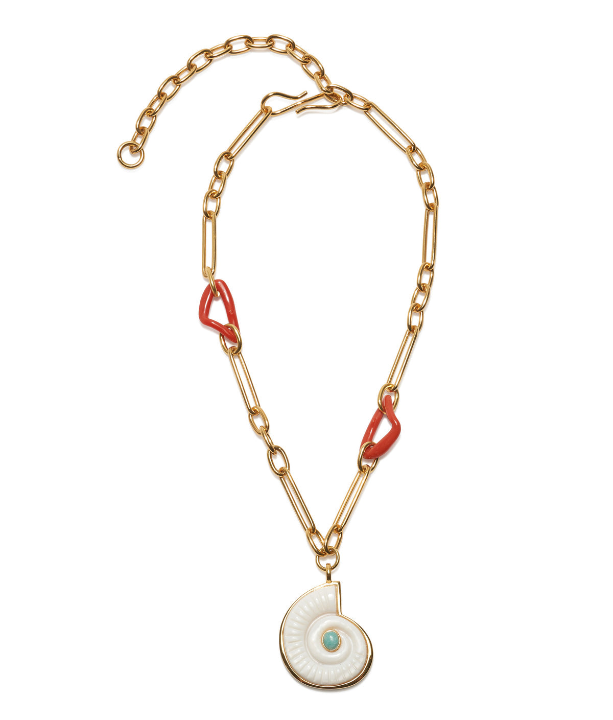 The Lizzie Fortunato Sirena Shell Necklace features a gold-plated chain with red resin links and a nautilus shell pendant accented by a turquoise stone, evoking the elegance of mother-of-pearl.