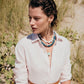 A person with short, slicked-back hair in a white button-up shirt wears the Lizzie Fortunato Laguna Necklace and beaded earrings while seated in a sandy, grassy outdoor setting.