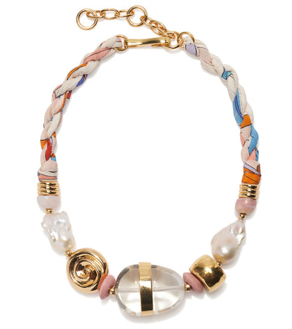 The Glass Beach Necklace by Lizzie Fortunato features multicolored fabric, gold-tone hardware, clear and gold beads, and two irregular freshwater pearls.