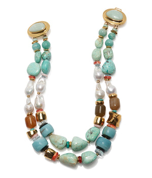 The Ariel Necklace by Lizzie Fortunato is a turquoise double-strand statement piece with freshwater pearls, gold-toned beads, brown accents, and round clasps at each end.