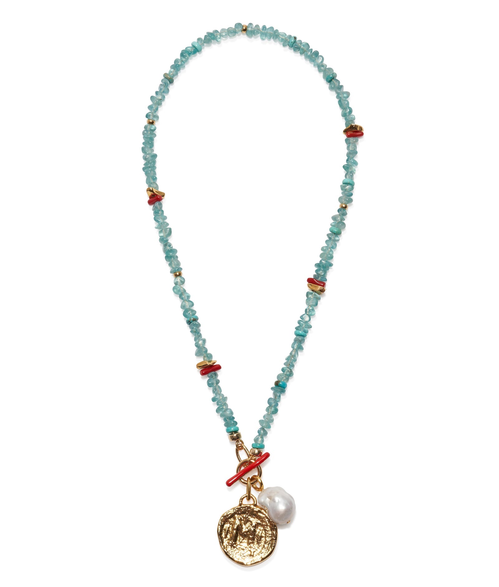 The Crystal Cala Necklace by Lizzie Fortunato features turquoise beads, red accents, blue apatite beads, a gold coin pendant, and a freshwater pearl charm.