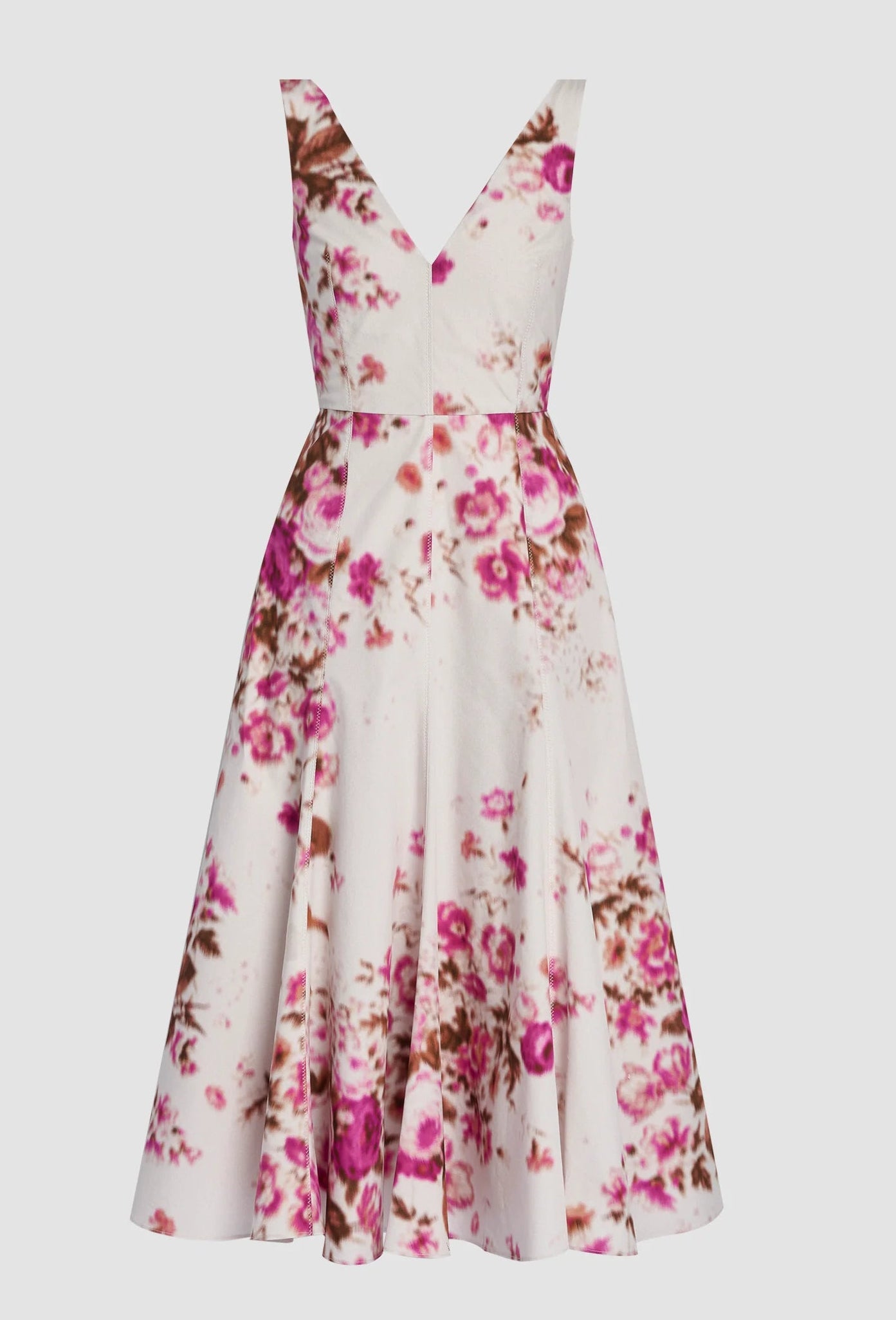 The Erdem Rose Bouquet Fit and Flared Midi Dress is a sleeveless cotton poplin piece with a V-neckline, flared skirt, and pink rose and brown floral print on crisp white.