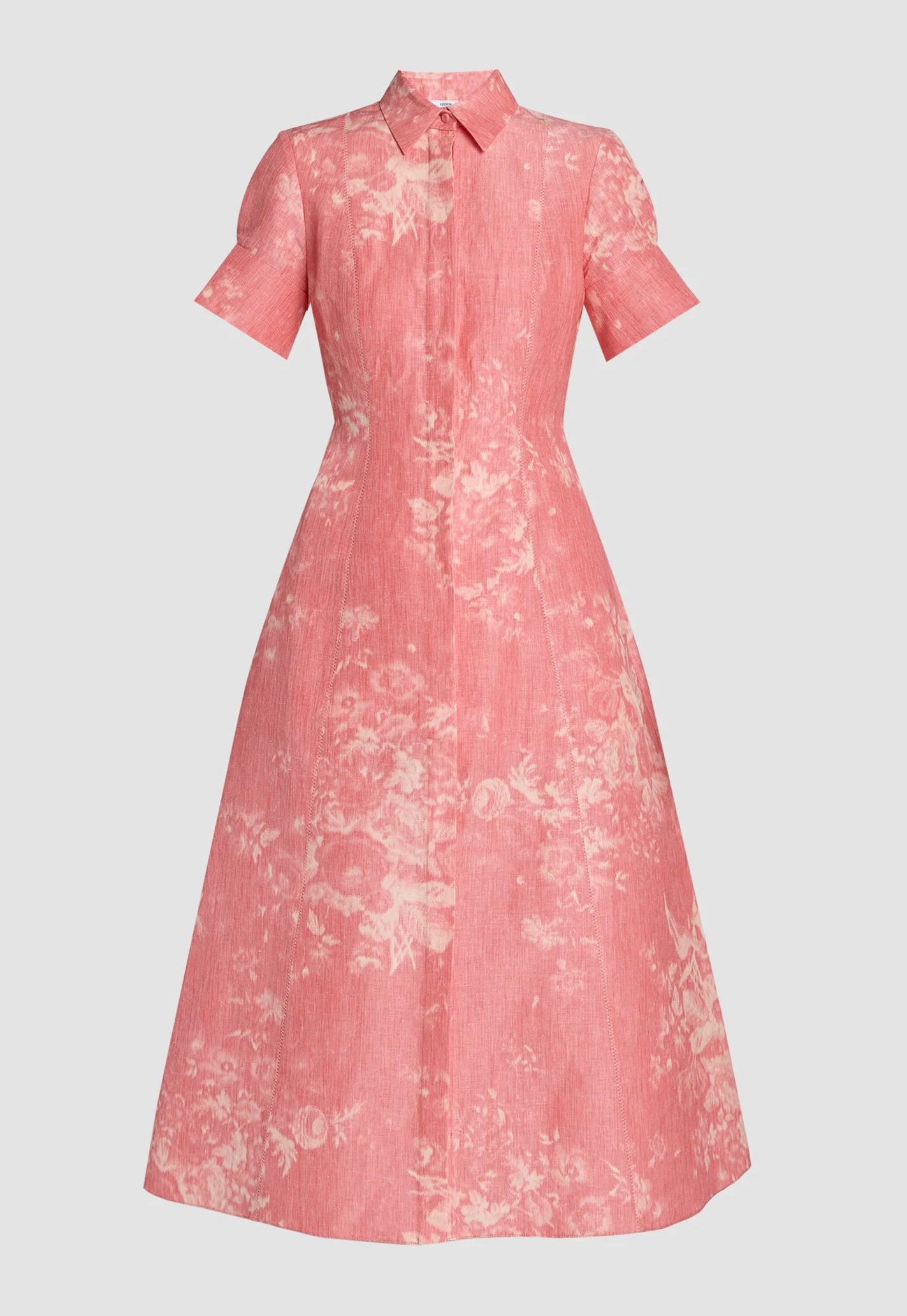 The Erdem Rose Bouquet Linen Chine Midi Shirt Dress features rose-pink linen, short sleeves, a collared neckline, button-down front, and a subtle white floral pattern.