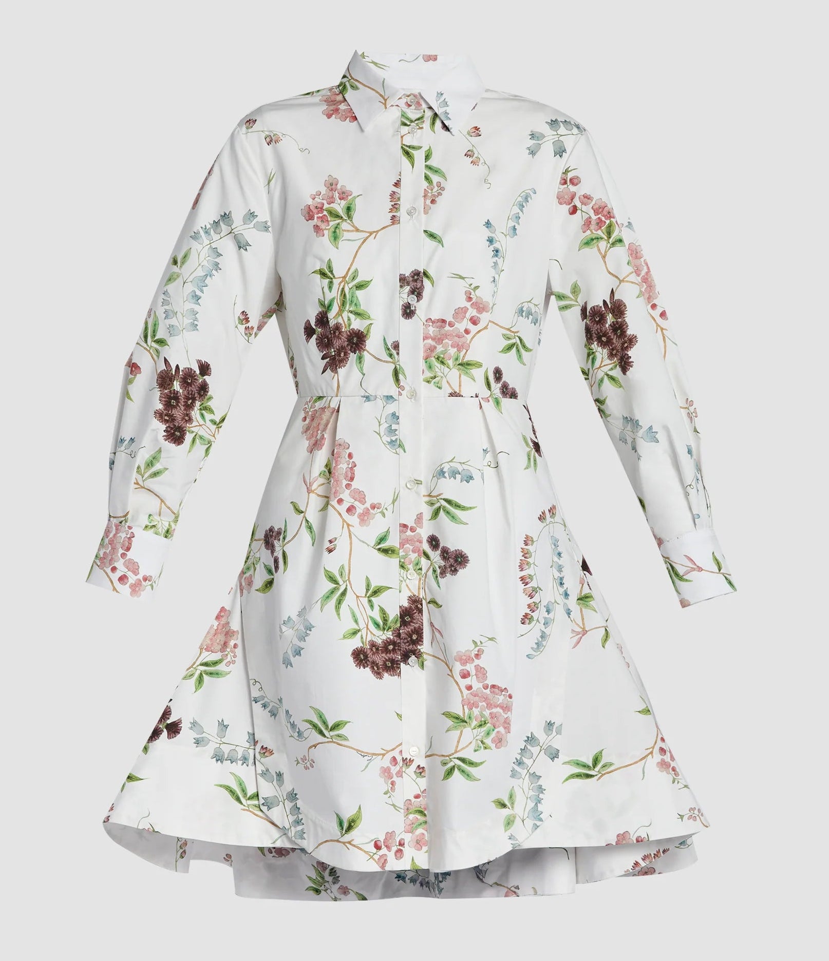 The Erdem French Chintz Mini Shirt Dress is a white cotton poplin long-sleeve dress with a flared skirt and floral print in pink, green, and purple, shown against a plain background.