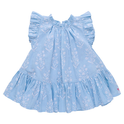 The Girls' Harper Dress by Pink Chicken in Blue Dewdrop Blockprint is made of soft cotton cambric with short ruffled sleeves, white floral embroidery, and a gathered flared skirt—ideal for your toddler’s sunny day adventures.
