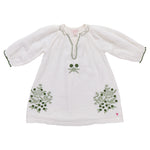 The Girls' Ava Dress by Pink Chicken is a white cotton gauze long-sleeve dress with green embroidered florals on the front and sleeves, finished with a round neckline and keyhole opening.
