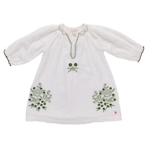 The Girls' Ava Dress by Pink Chicken is a white cotton gauze long-sleeve dress with green embroidered florals on the front and sleeves, finished with a round neckline and keyhole opening.