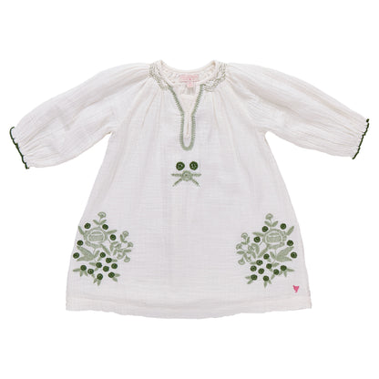 The Girls' Ava Dress by Pink Chicken is a white cotton gauze long-sleeve dress with green embroidered florals on the front and sleeves, finished with a round neckline and keyhole opening.