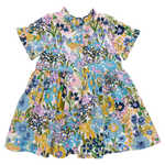 The Pink Chicken Girls' Autumn Dress features short sleeves, a charming collar, and a vibrant floral print in blue, yellow, pink, and green—ideal for adding cheerful style to her wardrobe.