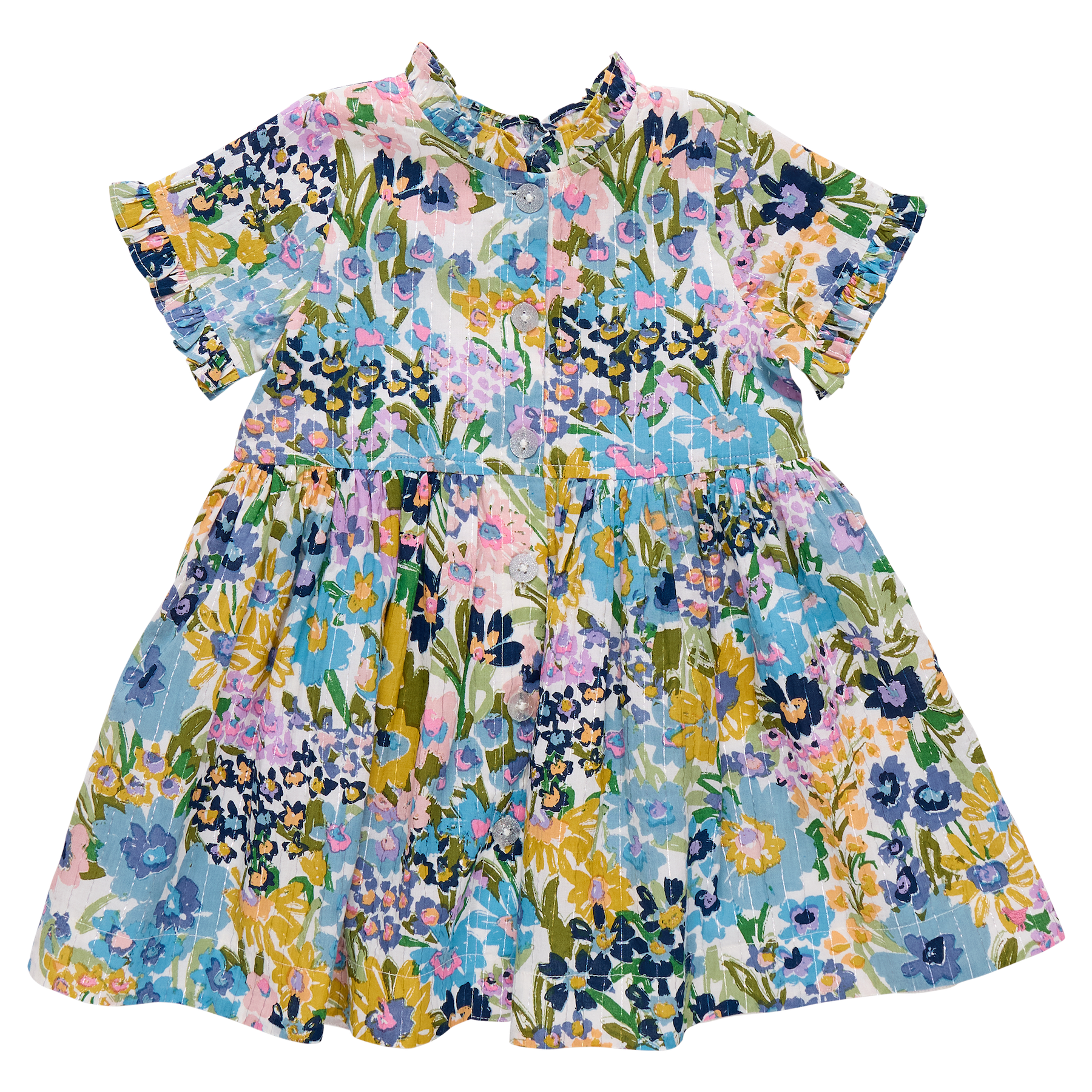 The Pink Chicken Girls' Autumn Dress features short sleeves, a charming collar, and a vibrant floral print in blue, yellow, pink, and green—ideal for adding cheerful style to her wardrobe.