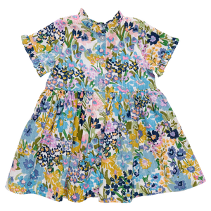 The Pink Chicken Girls' Autumn Dress features short sleeves, a charming collar, and a vibrant floral print in blue, yellow, pink, and green—ideal for adding cheerful style to her wardrobe.