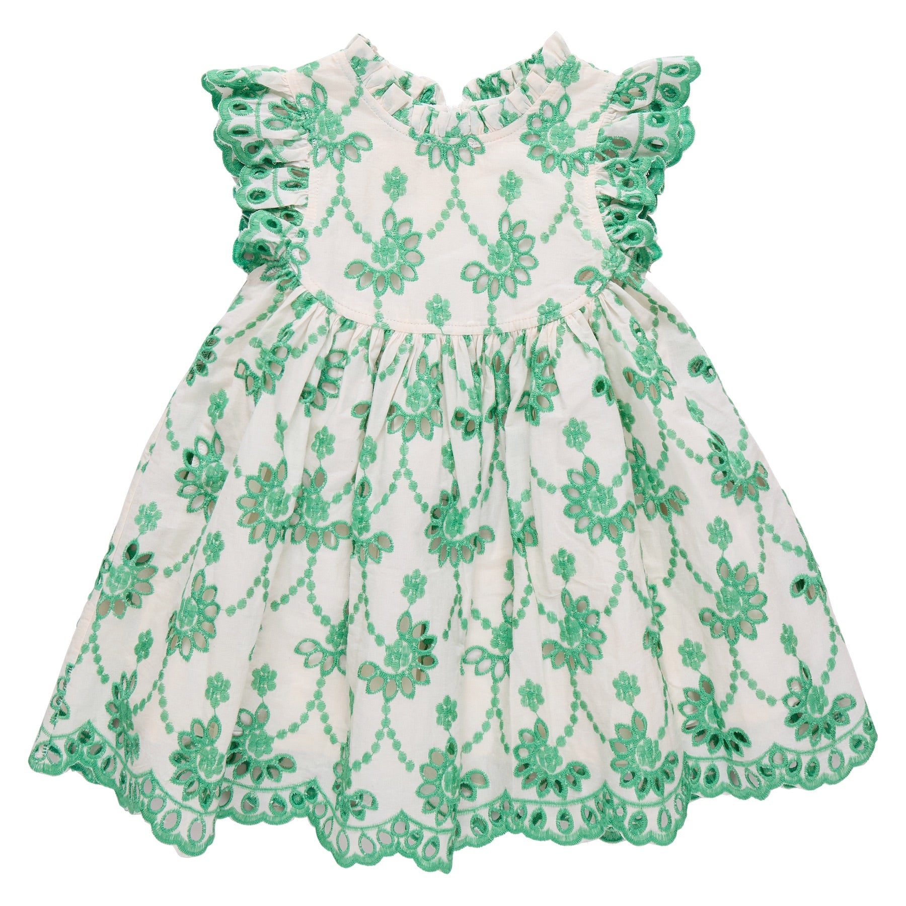 The Pink Chicken Girls' Cynthia Dress features green floral embroidery, short ruffled sleeves, and a scalloped hem—an adorable white spring dress for babies, perfect for any occasion.