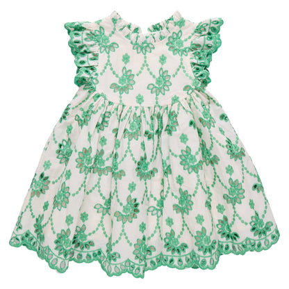 The Pink Chicken Girls' Cynthia Dress features green floral embroidery, short ruffled sleeves, and a scalloped hem—an adorable white spring dress for babies, perfect for any occasion.