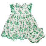 The Pink Chicken Baby Girls' Cynthia Dress features green floral embroidery, ruffled sleeves, a scalloped hem, and matching bloomers—an heirloom spring dress set perfect for your little one.