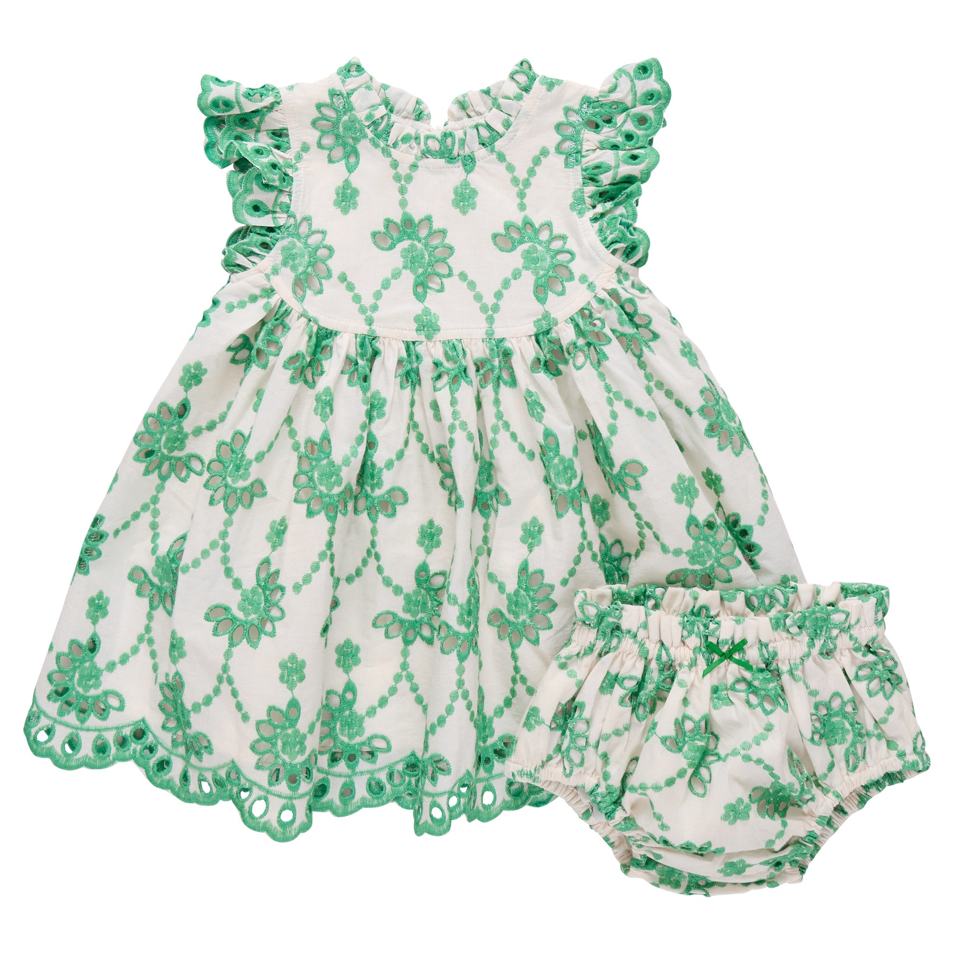 The Pink Chicken Baby Girls' Cynthia Dress features green floral embroidery, ruffled sleeves, a scalloped hem, and matching bloomers—an heirloom spring dress set perfect for your little one.