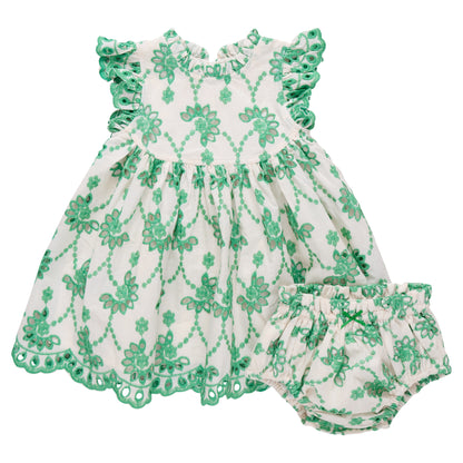 The Pink Chicken Baby Girls' Cynthia Dress features green floral embroidery, ruffled sleeves, a scalloped hem, and matching bloomers—an heirloom spring dress set perfect for your little one.