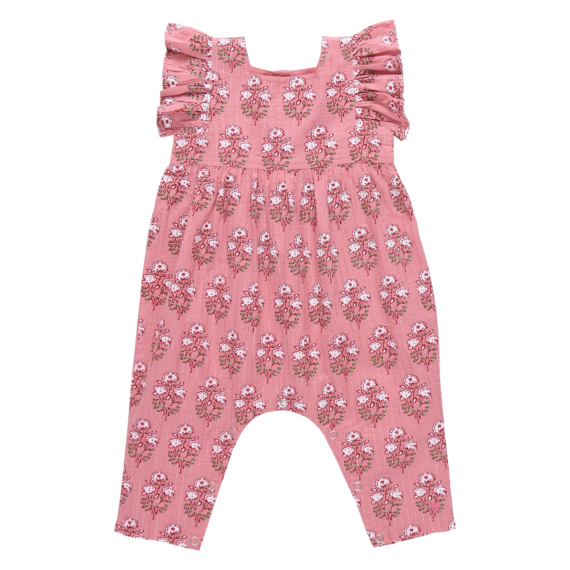 The Pink Chicken Baby Girls' Elsie Jumper features a pink strawflower floral design with ruffled short sleeves and a square neckline, perfect for springtime, shown on a white background.