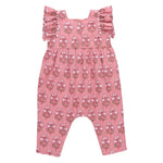 The Baby Girls' Elsie Jumper by Pink Chicken is a charming pink romper with ruffles, perfect for spring and inspired by delicate strawflower blooms.
