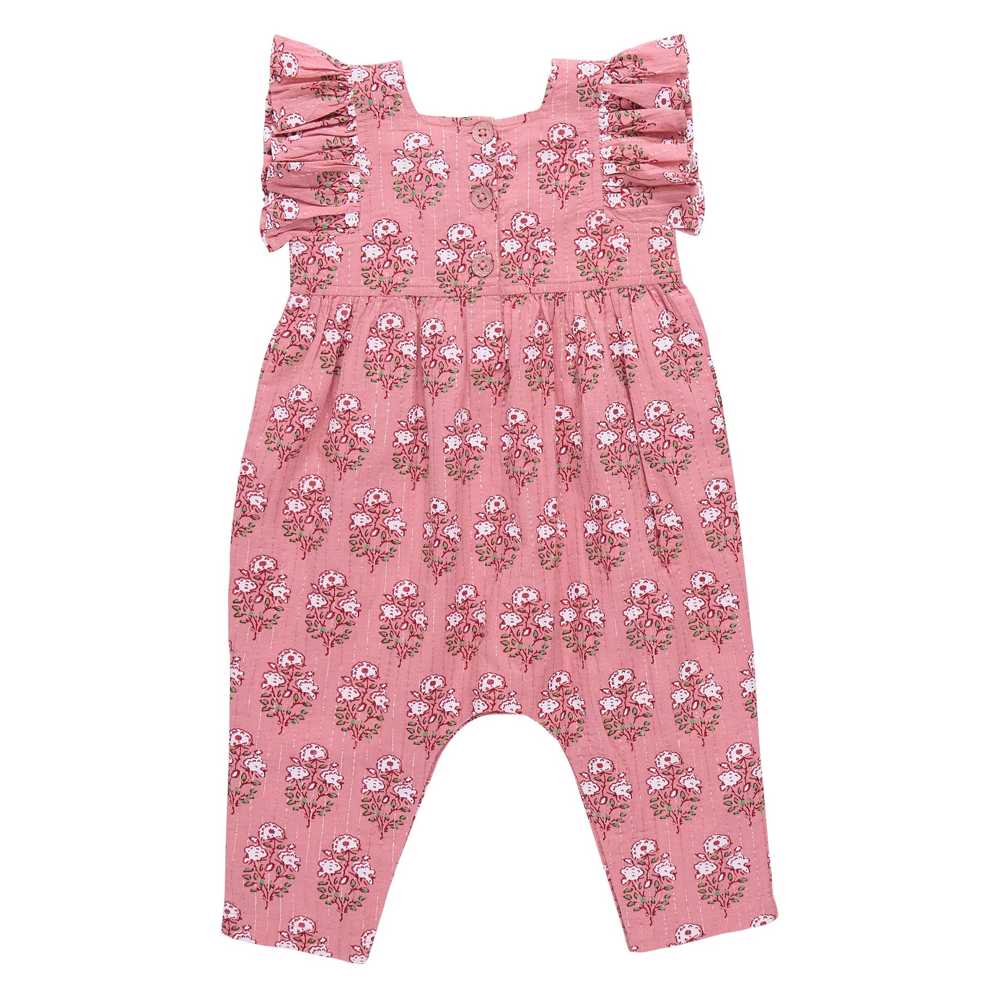 The Baby Girls' Elsie Jumper by Pink Chicken is a charming pink romper with ruffles, perfect for spring and inspired by delicate strawflower blooms.