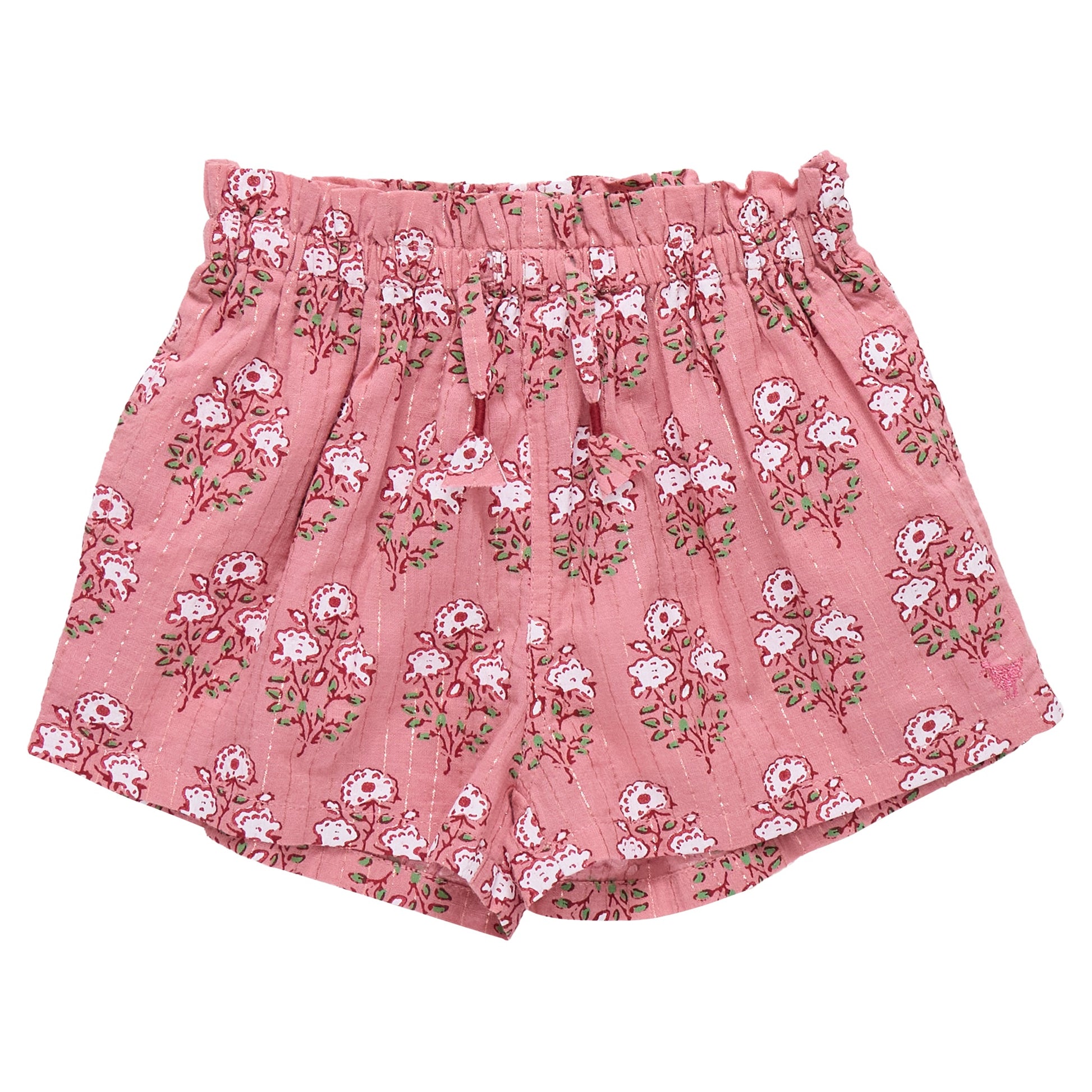 The Girls' Theodore Short by Pink Chicken features a charming white floral block print and an elastic waistband.