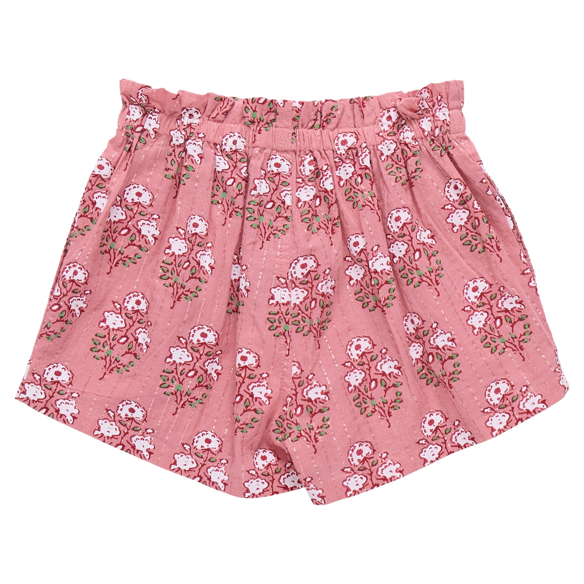 The Girls' Theodore Short by Pink Chicken features a white and red floral print with green leaves and an elastic waistband. Pair with the Girls Ava Top for a stylish look.