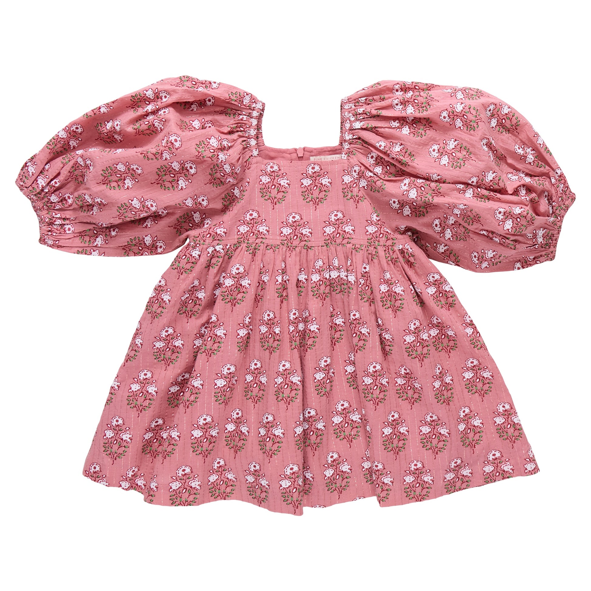 The Girls' Mary Barrett Dress by Pink Chicken features pink strawflower print, puffed short sleeves, a square neckline, and a gathered skirt—perfect as a twirl dress for girls.