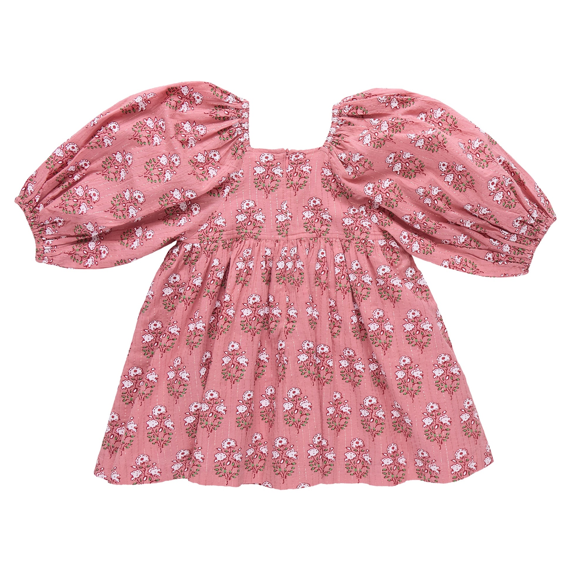 The Girls' Mary Barrett Dress by Pink Chicken features a pink strawflower floral pattern, puffed long sleeves, and a square neckline—laid flat on a white background, it’s a twirl-ready dress perfect for any occasion.