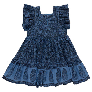 The Girls' Elsie Dress by Pink Chicken features a striking blue and black block print design.