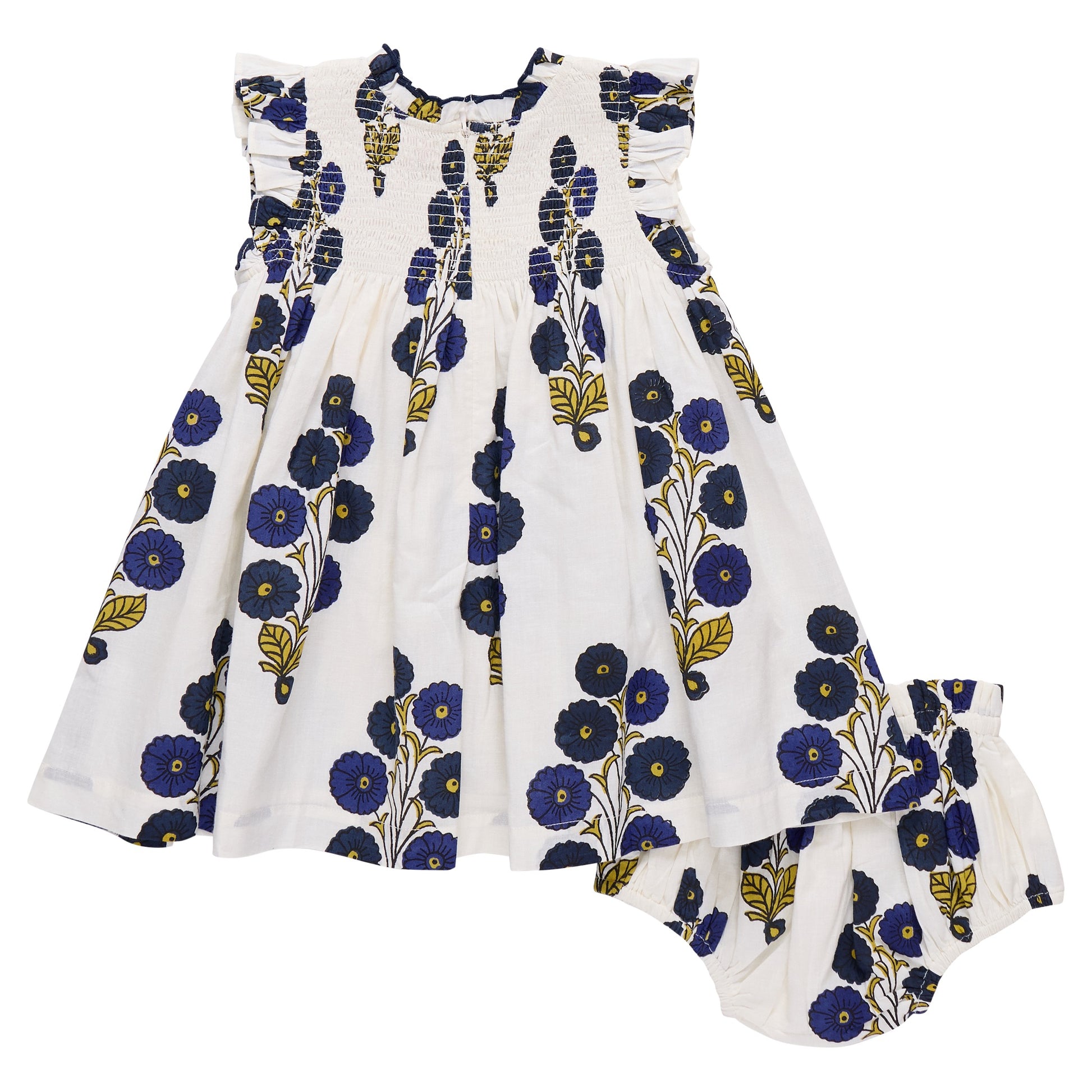 The Pink Chicken Baby Girls' Stevie Dress showcases vintage charm with ruffled sleeves, a Navy Buttercup Floral print, and comes with matching bloomers.