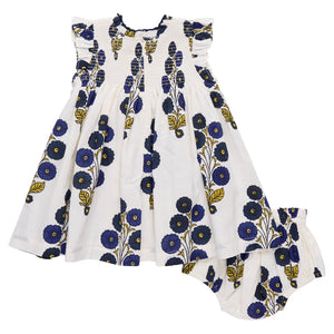 The Pink Chicken Baby Girls' Stevie Dress showcases vintage charm with ruffled sleeves, a Navy Buttercup Floral print, and comes with matching bloomers.