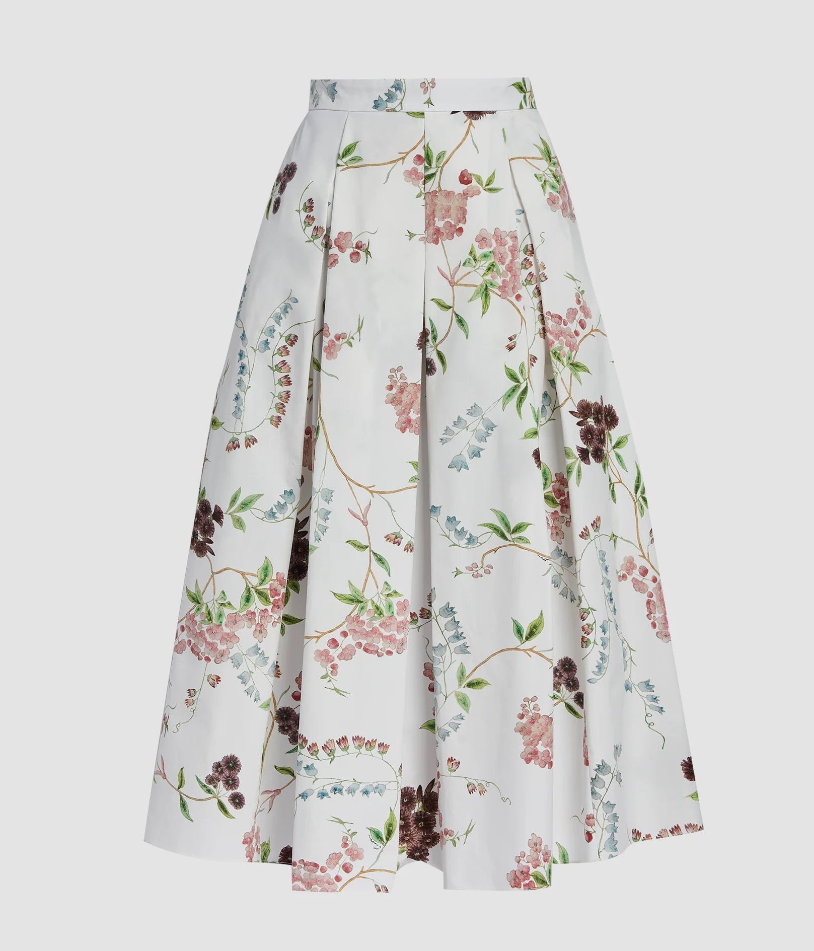 The Erdem French Chintz Cotton Midi Skirt is a white cotton poplin A-line design with a high waist, pleats, and a multicolored floral print in pink, green, and purple.