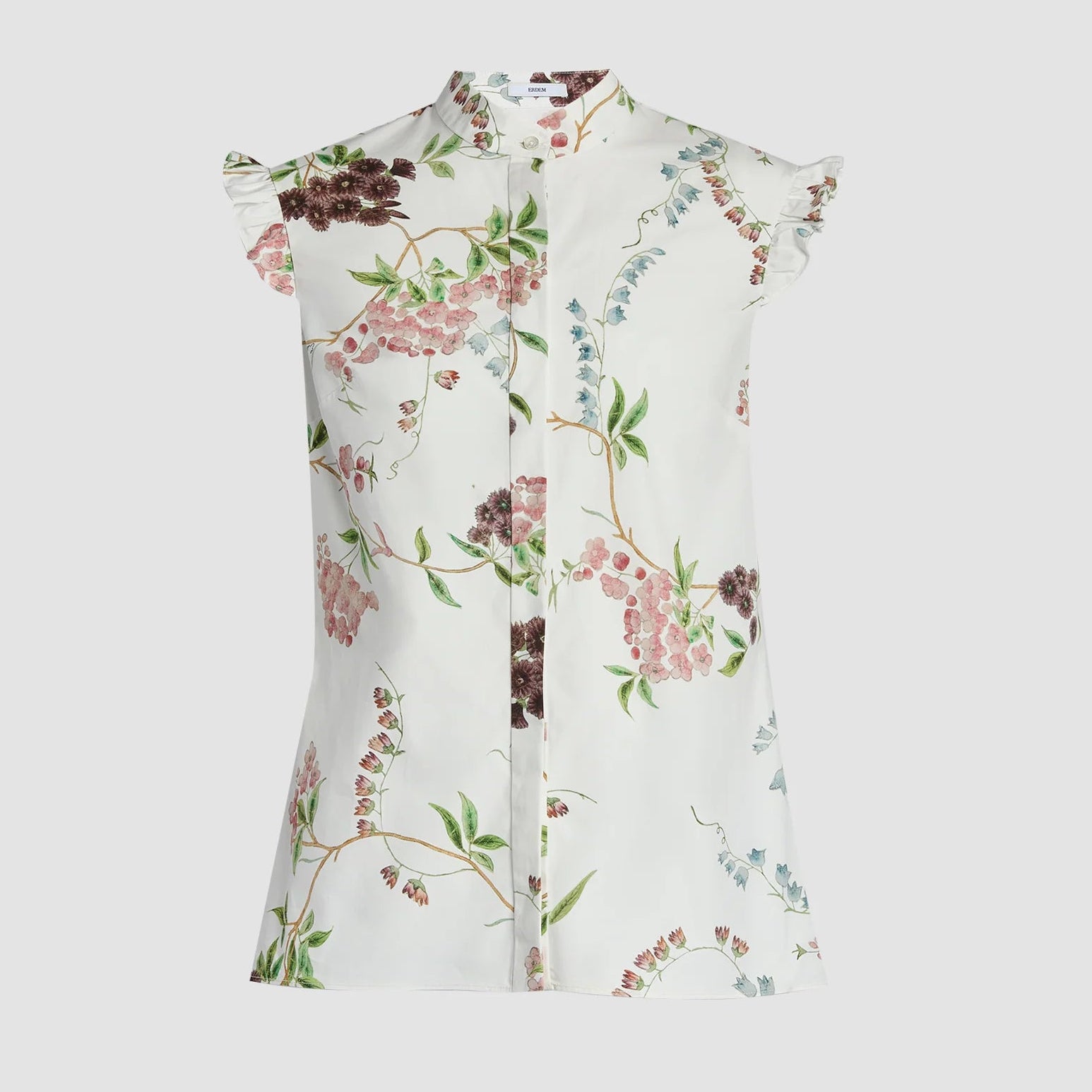 The Erdem French Chintz Cotton Sleeveless Shirt features a mandarin collar, ruffled shoulders, and a delicate floral print in pink, green, blue, and brown.