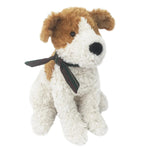 Jacques Jack Russell by Mon Ami is a plush toy dog with brown and white fur, a black nose, and a green ticking stripe scarf tied around its neck, sitting upright against a white background.