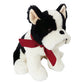 The Mon Ami Francois French Bulldog plush toy, featuring black and white fur and a red ribbon around its neck, sits upright against a white background.