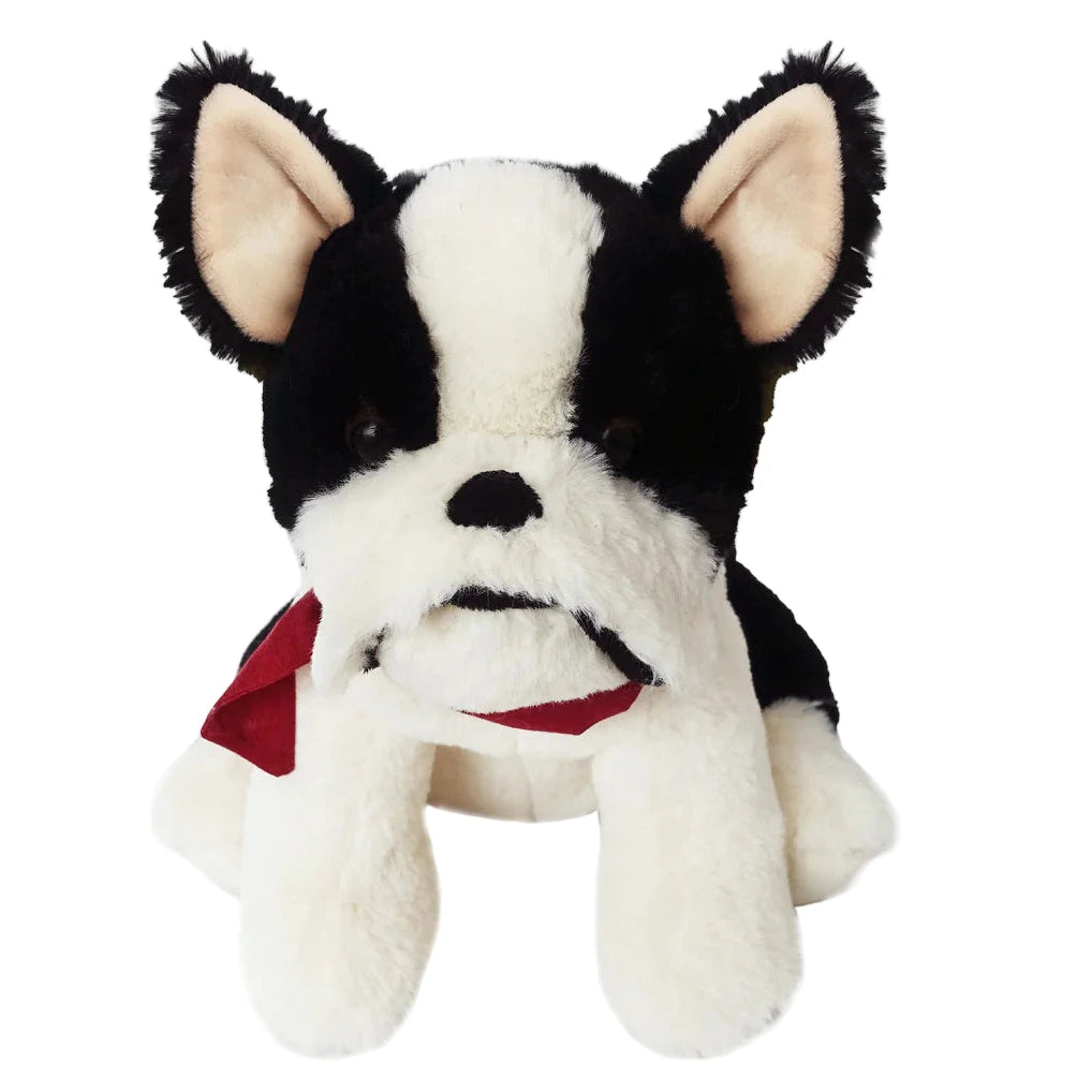 The Mon Ami Francois French Bulldog plush toy features black and white fur, a red bandana around its neck, and is positioned facing forward.