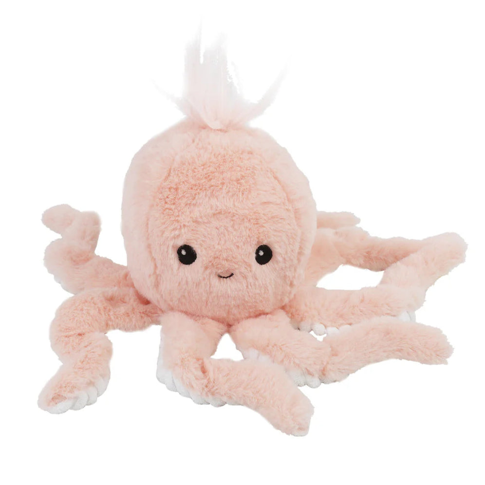 The Mon Ami Odessa Octopus is a soft, light pink plush with eight fuzzy arms, black eyes, and a tuft of hair—perfect as a cuddle buddy or baby shower gift, shown on a plain white background.