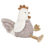 The Mon Ami Hester French Hen is a plush chicken stuffed toy in tan, white, and brown fabric with floppy wings, feet, and comb.
