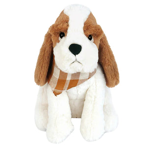 Mon Ami Copper Bassett Hound is a plush stuffed dog with brown and white fur, soft plush material, a plaid bandana, and sits facing forward.