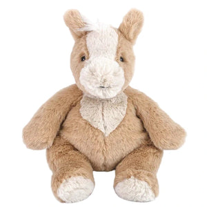 The Mon Ami Bailey Horse is a soft brown and white plush, sitting upright with a white patch on its face and belly—an adorable cuddle companion shown against a plain white background.