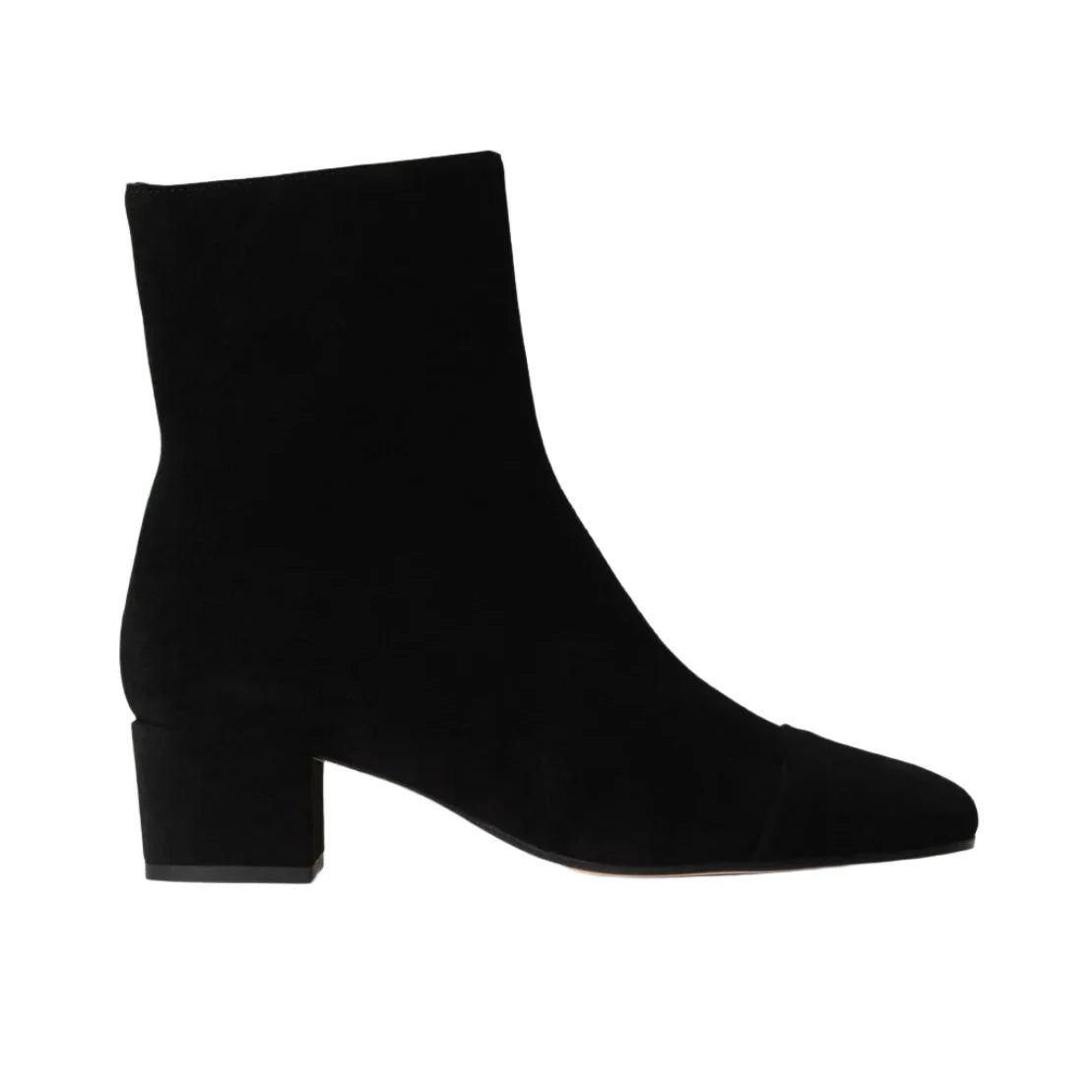 The Aimee Short Boot by Staud is a black suede ankle bootie featuring a sleek side zipper, a low block heel, and a pointed toe, viewed from the side.